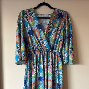 Vintage Vibrant Paisley Floral 3/4 Sleeve Maxi Dress with Bob Weir Patch on back